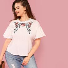 Shein Plus Botanical Embroidery Crochet Trim Blouse