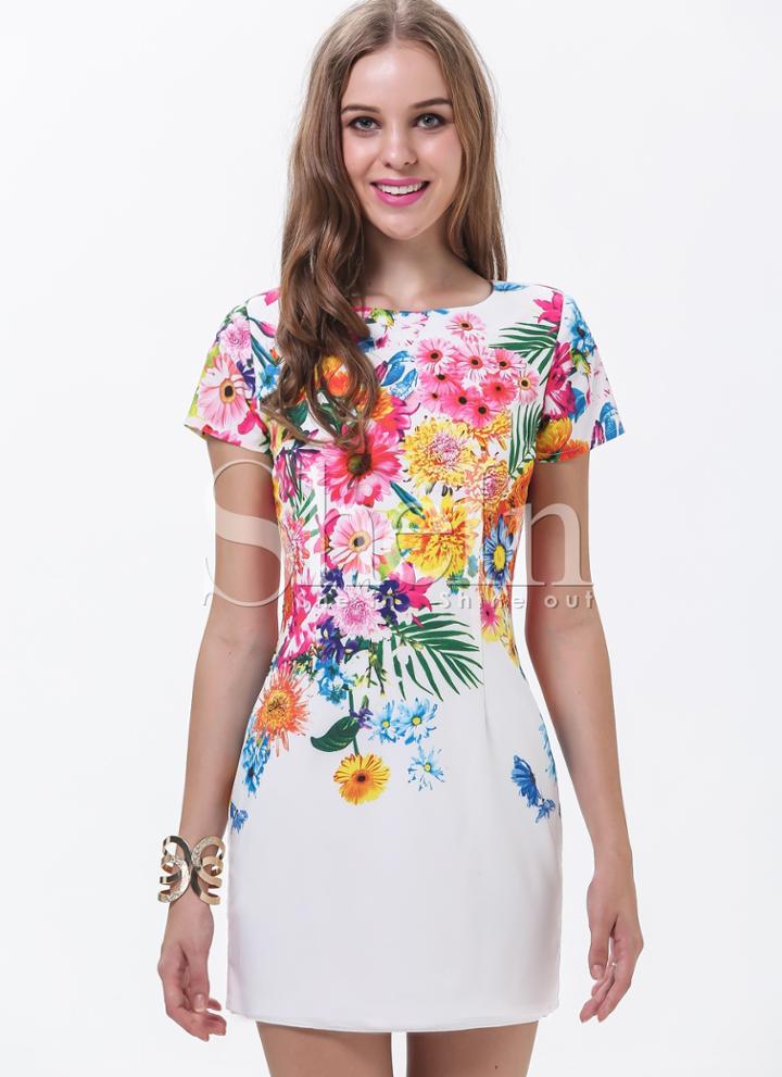Shein White Short Sleeve Patterned Florals Print Pastel Dress