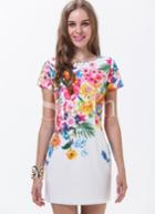Shein White Short Sleeve Patterned Florals Print Pastel Dress