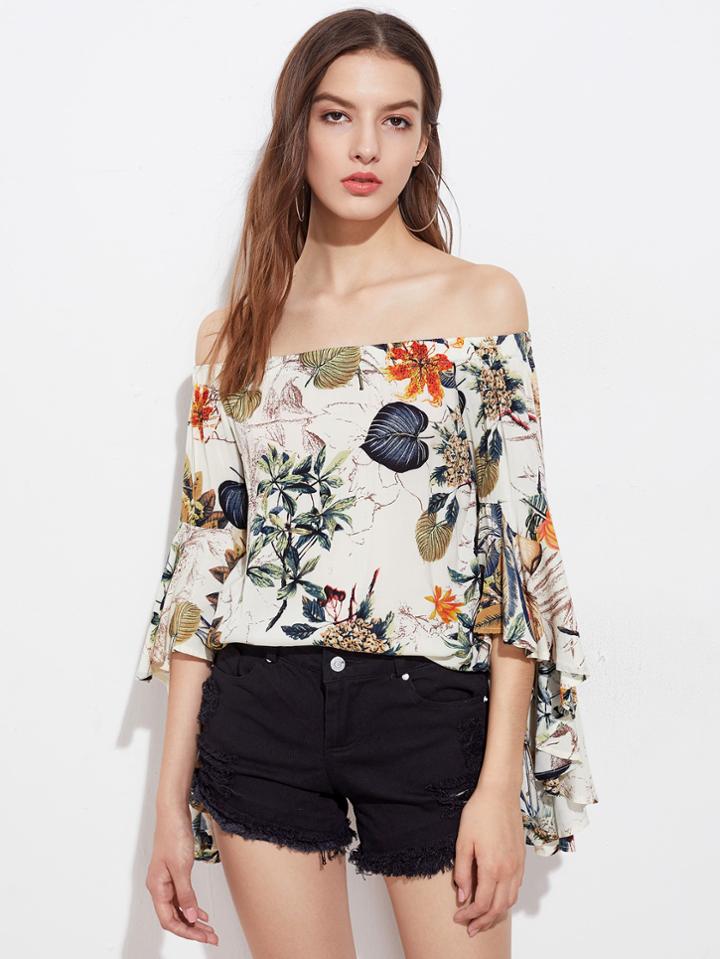 Shein Bardot Tropical Print Flare Sleeve Top