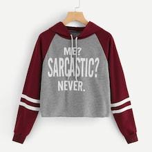 Shein Letter Print Contrast Striped Hooded Sweatshirt