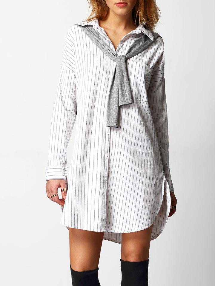 Shein White Vertical Stripe Long Blouse With Cape