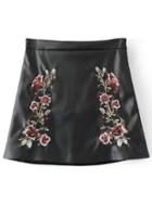 Shein Black Flower Embroidery Pu A Line Skirt
