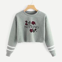 Shein Floral & Letter Print Varsity Striped Sweatshirt