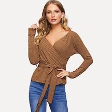 Shein Self Belted Surplice Neck Textured Tee