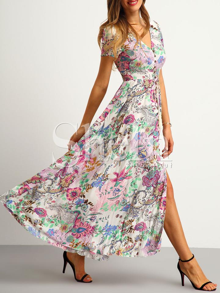 Shein Multicolor Print Button Split Front Flare Maxi Dress