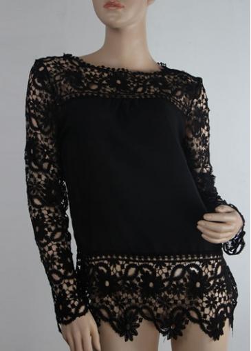 Rosewe Round Neck Black Lace And Chiffon Splicing Top