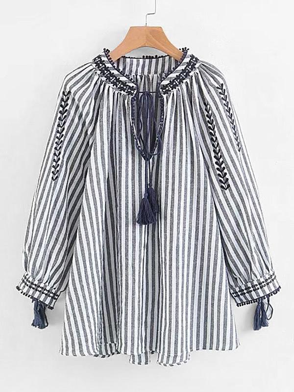 Shein Contrast Stripe Tassel Tie Blouse