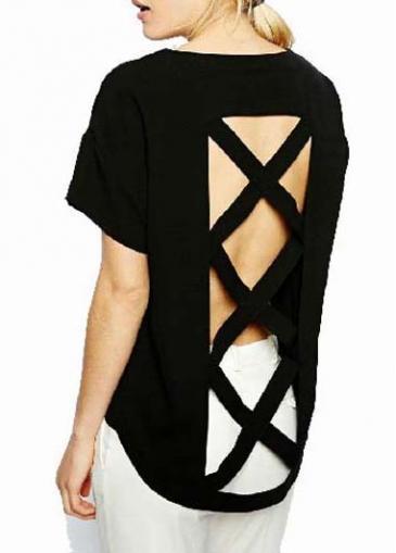 Rosewe Enchanting Solid Black Cutout Pattern Short Sleeve Tees