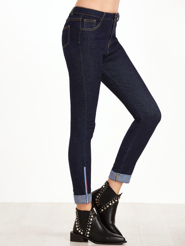 Shein Dark Blue Striped Trim Cuffed Jeans