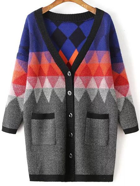 Shein Color Block Button Up Pocket Cardigan