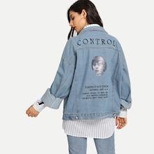 Shein Figure & Letter Drop Shoulder Denim Jacket