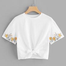 Shein Embroidery Sleeve Knot Hem Tee