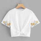 Shein Embroidery Sleeve Knot Hem Tee