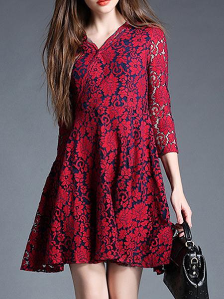 Shein Red V Neck A-line Lace Dress