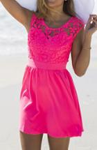 Shein Rose Red Cerise Magenta Lace Insert Hollow A-line Dress