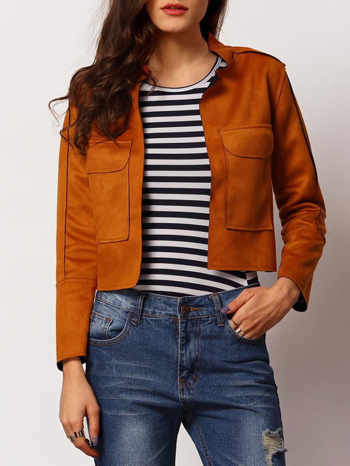 Shein Camel Stand Collar Pockets Crop Coat