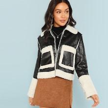 Shein Zip Front Pocket Contrast Faux Fur Coat