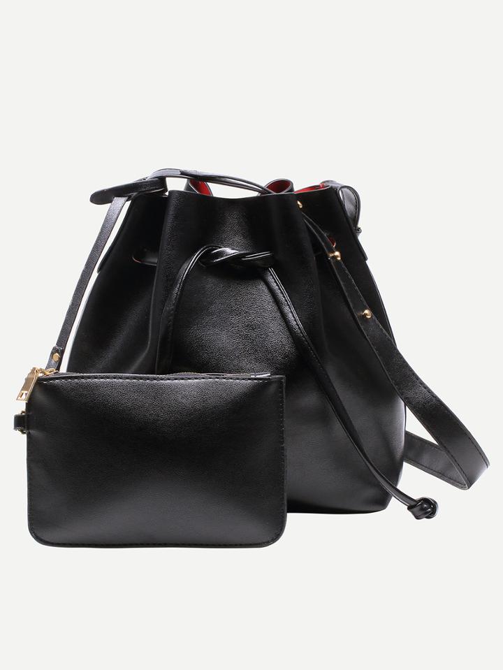 Shein Black Drawstring Bucket Bag With Purse