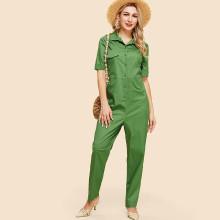 Shein Rolled Sleeve Solid Button Up Jumpsuit
