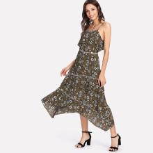 Shein Flower Print Ruffle Trim Asymmetrical Cami Dress