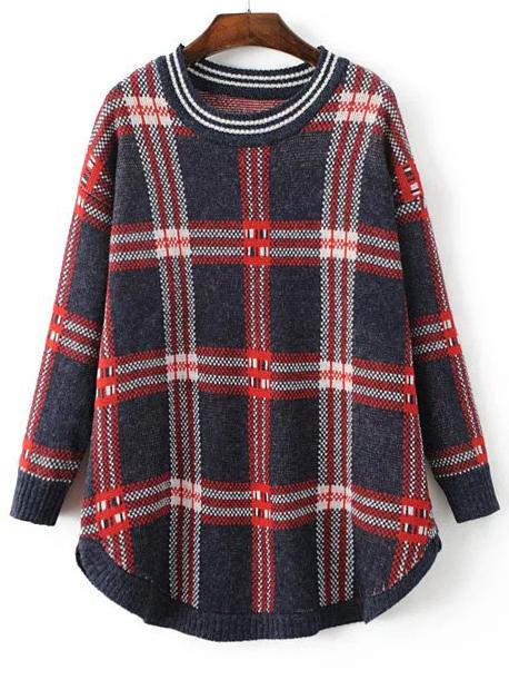 Shein Navy Plaid Striped Neck Curved Hem Knit Dress
