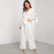Shein Layered Fringe Mesh Sleeve Surplice Wrap Jumpsuit