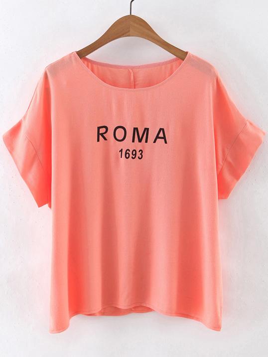 Shein Orange Short Sleeve Letters Print Blouse