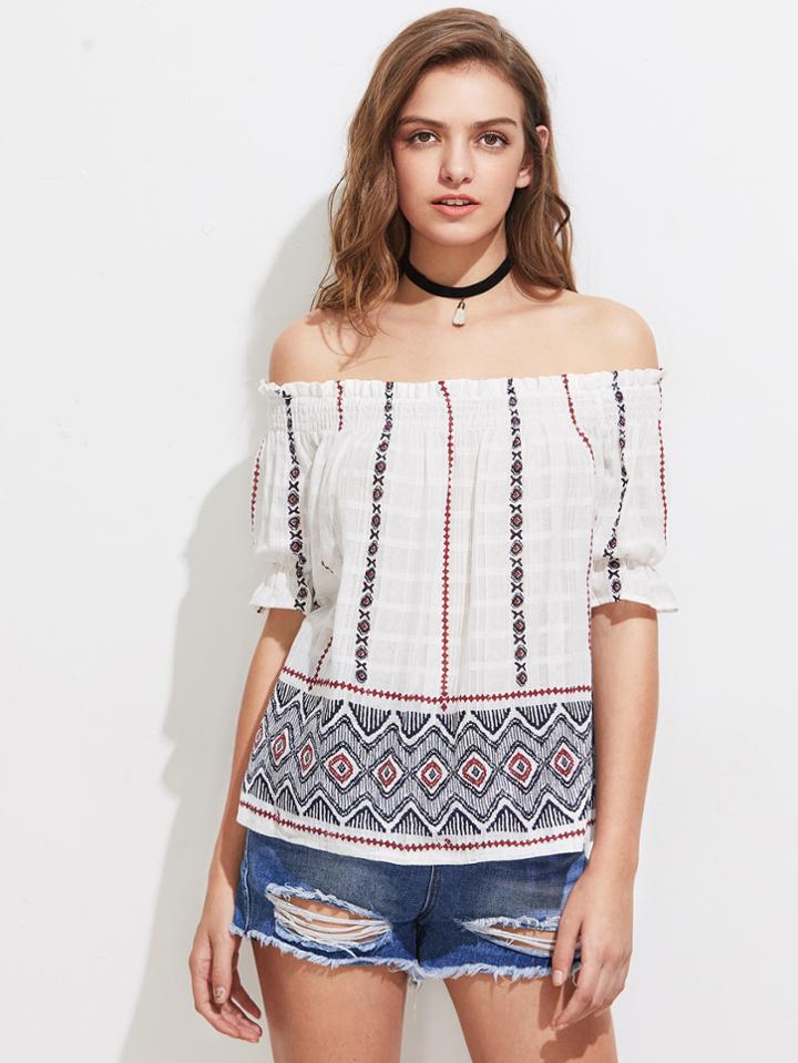 Shein Geo Embroidered Trumpet Sleeve Smocked Off Shoulder Top