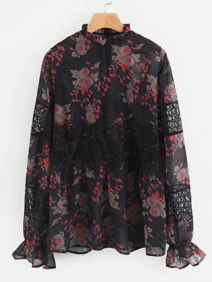 Shein Lace Spliced Floral Chiffon Blouse