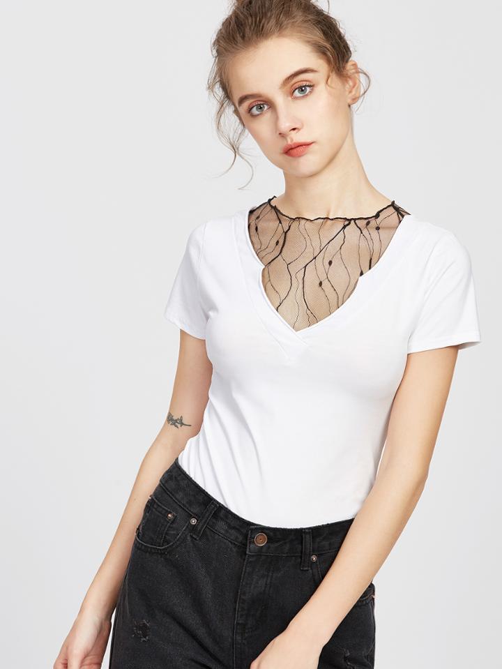 Shein V Neckline Lace Insert T-shirt