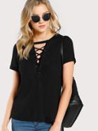Shein Grommet Lace Up Plunge Neck Tee