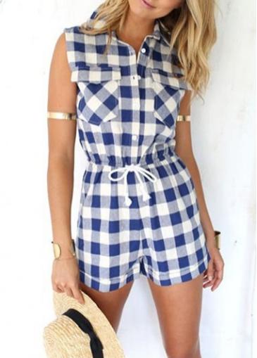 Rosewe Button Closure Drawstring Waist Plaid Romper