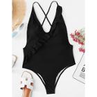 Shein Solid Criss Cross Ruffle Backless One Piece Swimwear