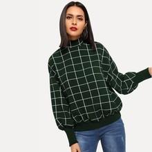 Shein Mock-neck Balloon Sleeve Grid Pullover