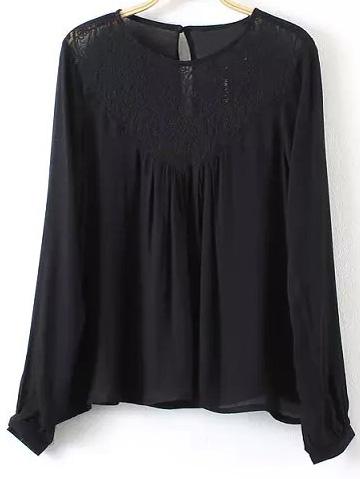 Shein Black Keyhole Back Lace Splicing Blouse