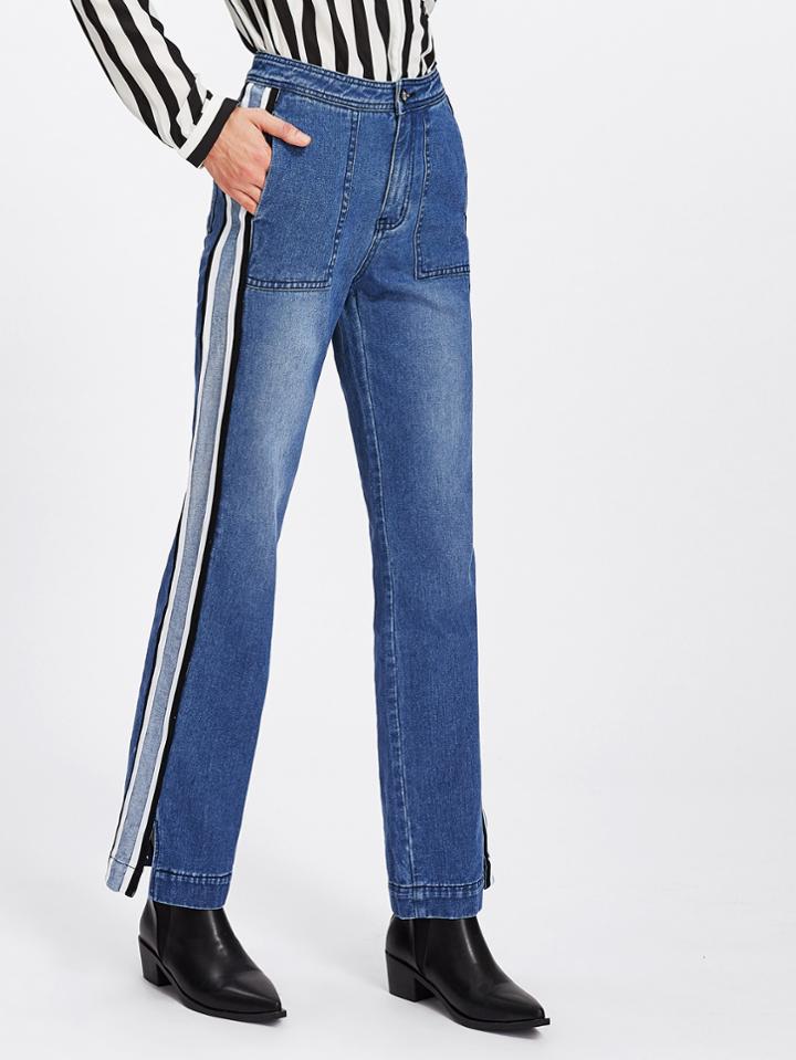 Shein Slit Striped Side Bleach Wash Jeans