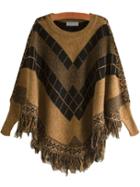 Shein Khaki Black Batwing Geometric Print Tassel Cape