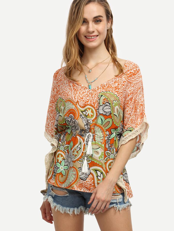 Shein Orange Paisley Print Lace Trimmed Poncho Blouse
