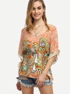 Shein Orange Paisley Print Lace Trimmed Poncho Blouse