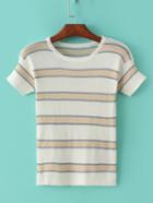 Shein White Elastic Cuff Stripe Tight T-shirt