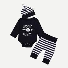 Shein Boys Letter Print Tee & Striped Pants Sets With Hat