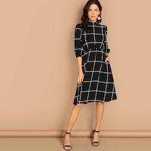 Shein Frilled Neck Grid Fit & Flare Dress