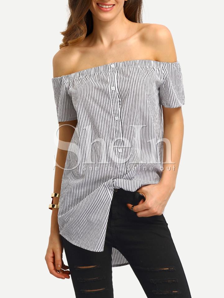 Shein Black White Vertical Striped Off The Shoulder Blouse