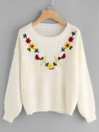 Shein Flower Embroidered Eyelet Lantern Sleeve Jumper