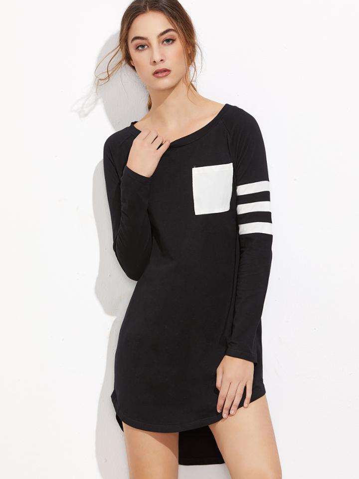 Shein Black Striped Sleeve Contrast Pocket Front High Low Dress