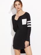 Shein Black Striped Sleeve Contrast Pocket Front High Low Dress