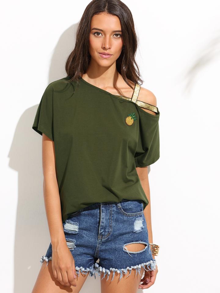Shein Army Green Short Sleeve Sequin T-shirt