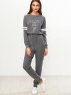 Shein Graphic Print Striped Sleeve Sweat Jumpsuit