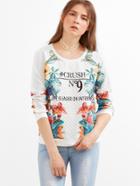 Shein White Letter And Floral Print Plaid Embossed Sweatshirt